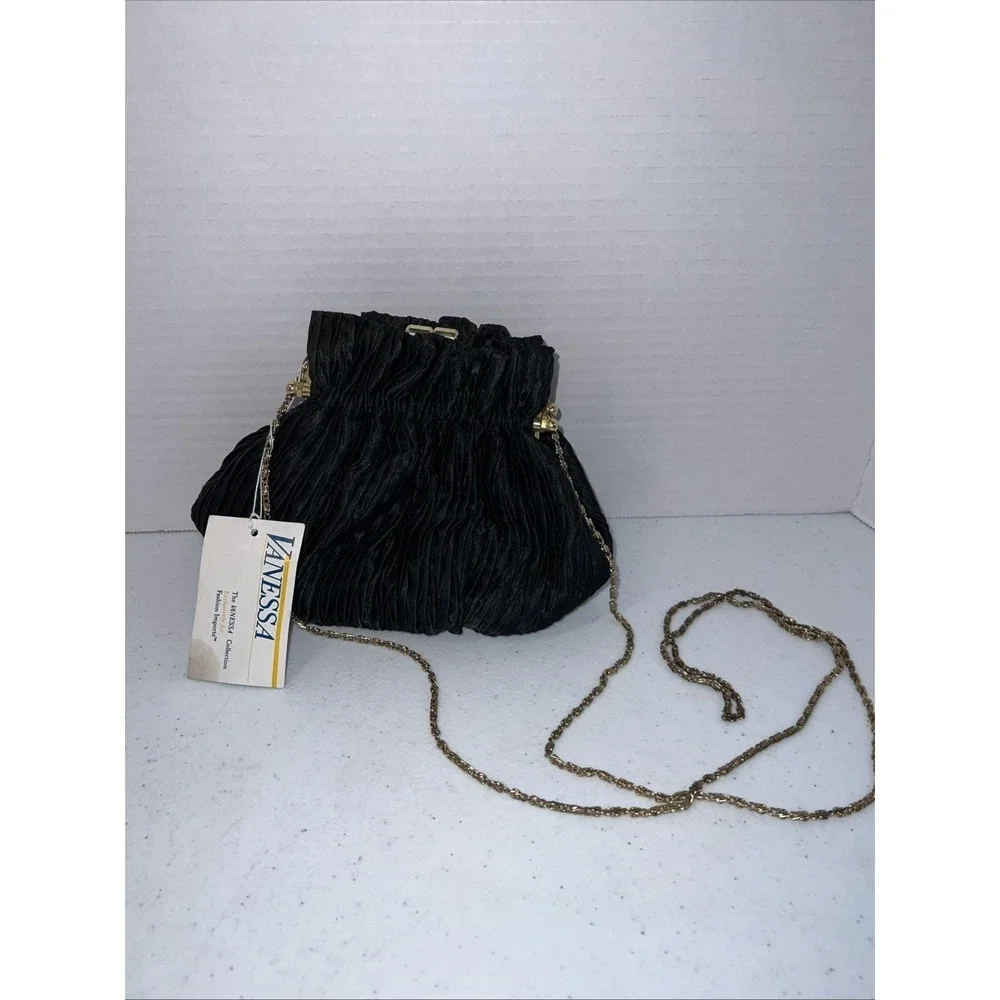 Vintage 1980s Satin Pleated Vanessa Black Cocktail Purse 40